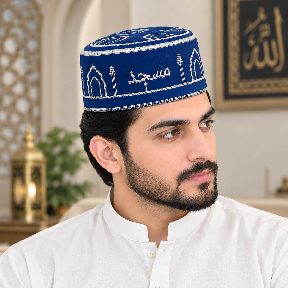 Navy Blue Islamic Embroidered Cap – Premium Mosque Design