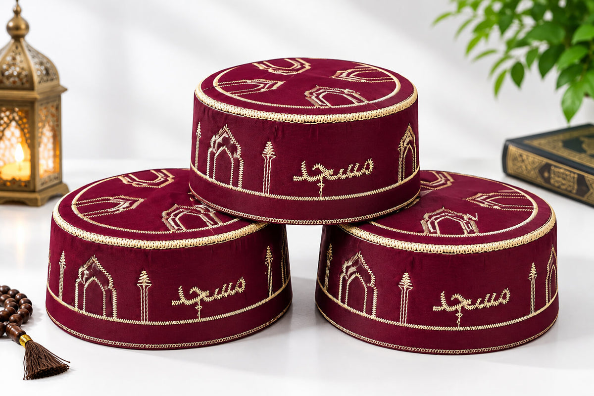 Premium Maroon Embroidered Prayer Cap | Namaz Topi | 12 Pieces