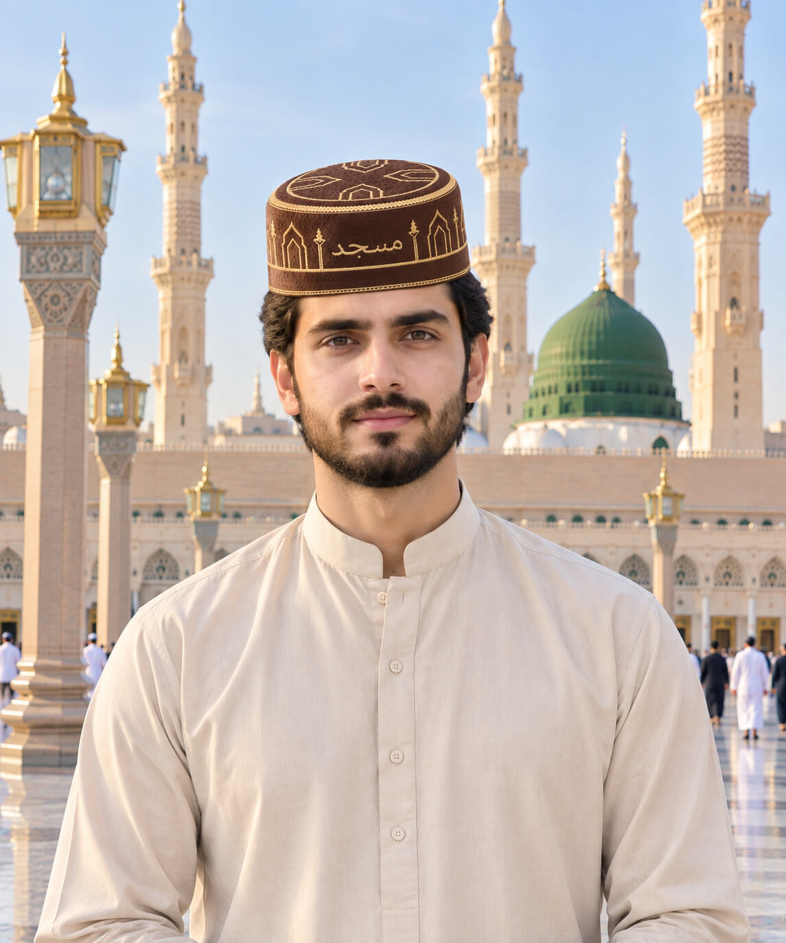 Premium Brown Masjid Cap – Gold Embroidered Islamic Prayer Cap