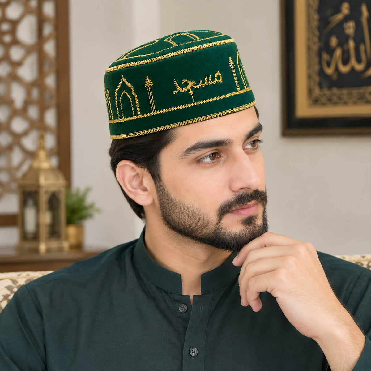 Emerald Green Islamic Embroidered Cap – Premium Gold Mosque Design
