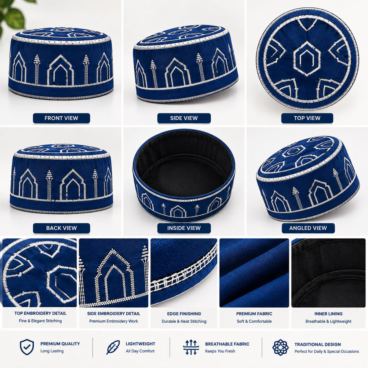 Navy Blue Islamic Embroidered Cap – Premium Mosque Design