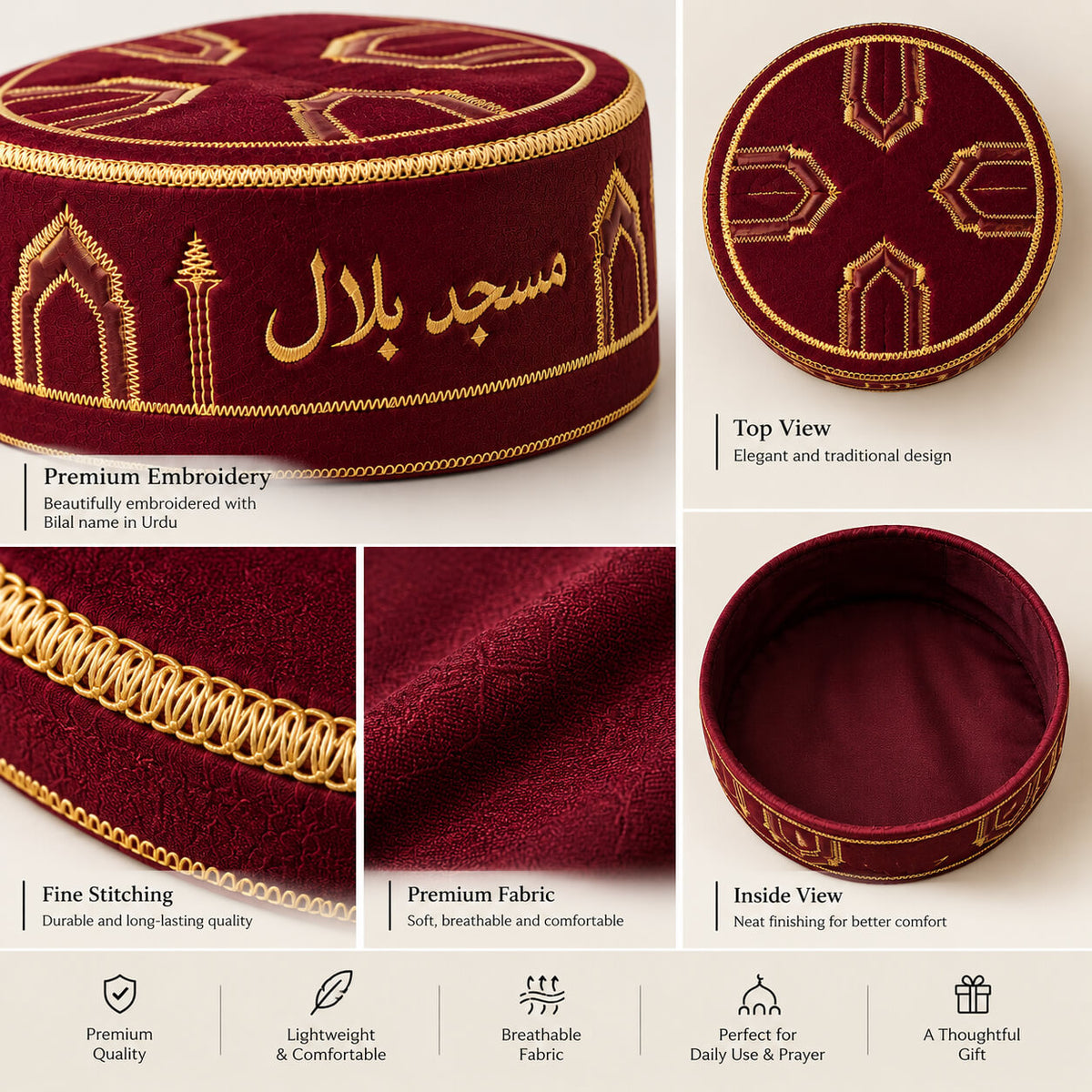 Custom Islamic Prayer Cap | Personalized Masjid Name Embroidered Topi