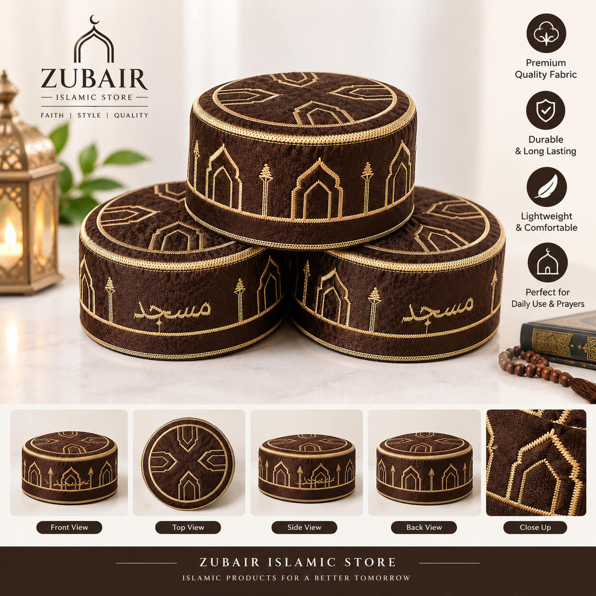 Premium Brown Masjid Cap – Gold Embroidered Islamic Prayer Cap