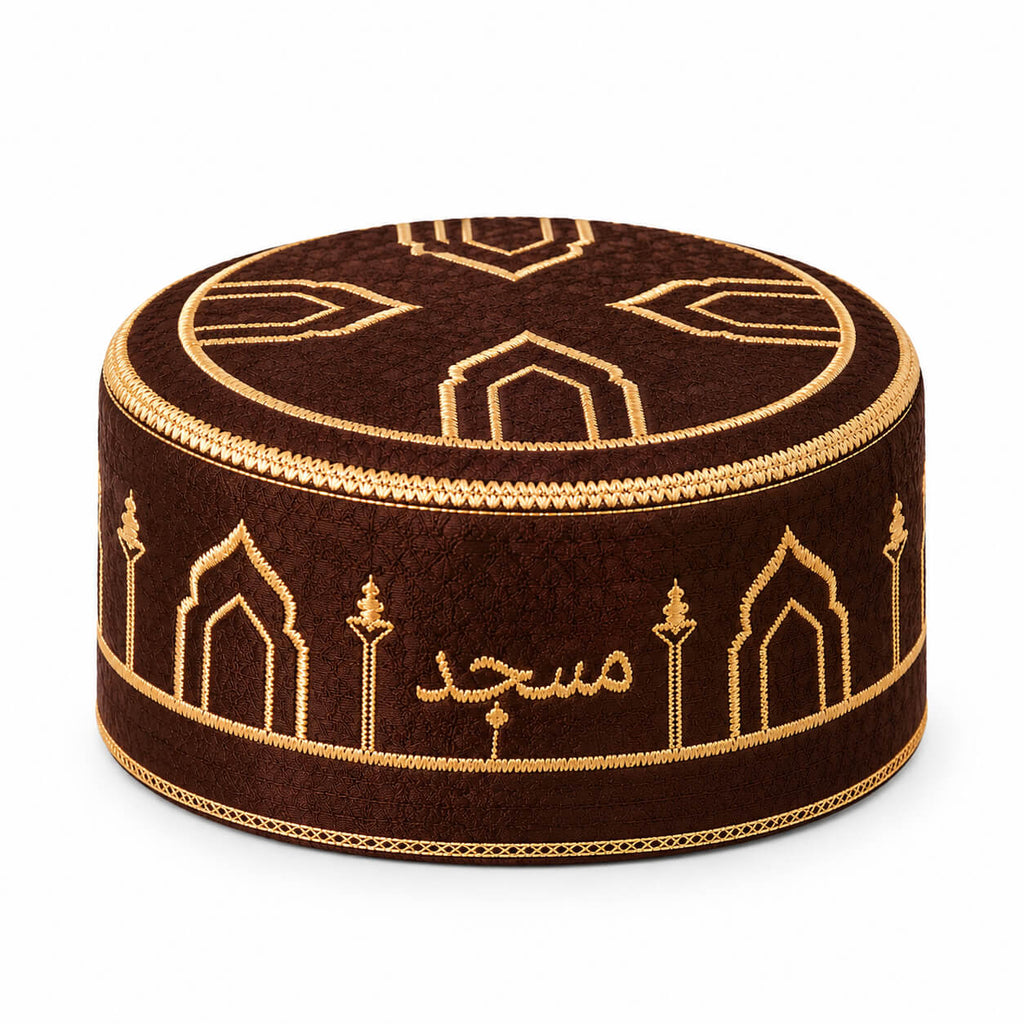 Premium Brown Masjid Cap – Gold Embroidered Islamic Prayer Cap