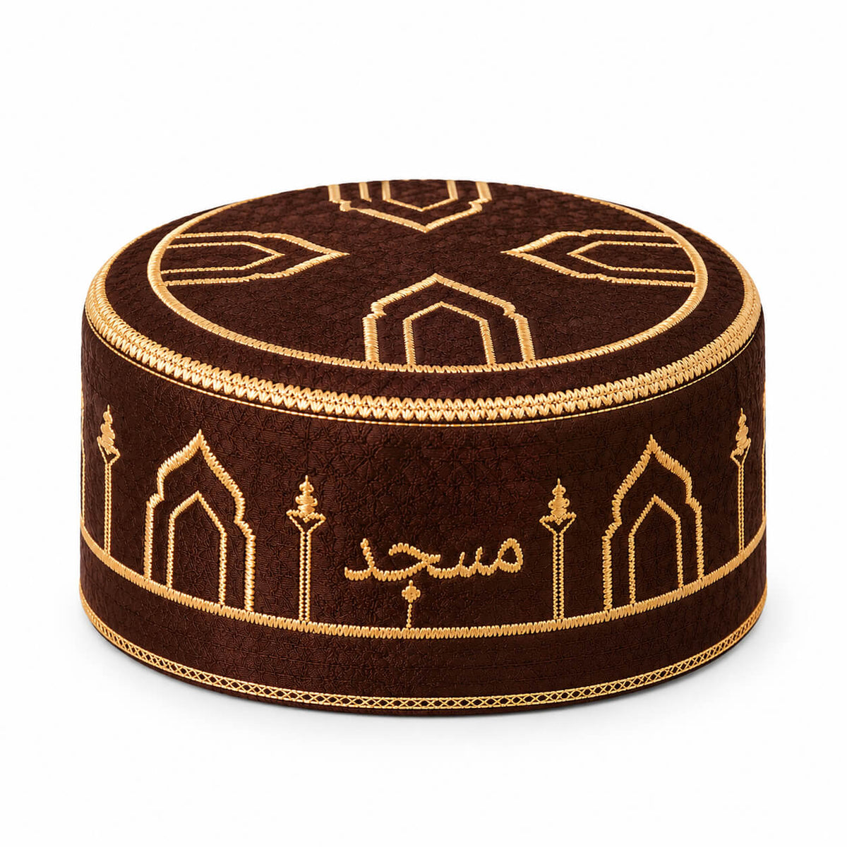 Premium Brown Masjid Cap – Gold Embroidered Islamic Prayer Cap