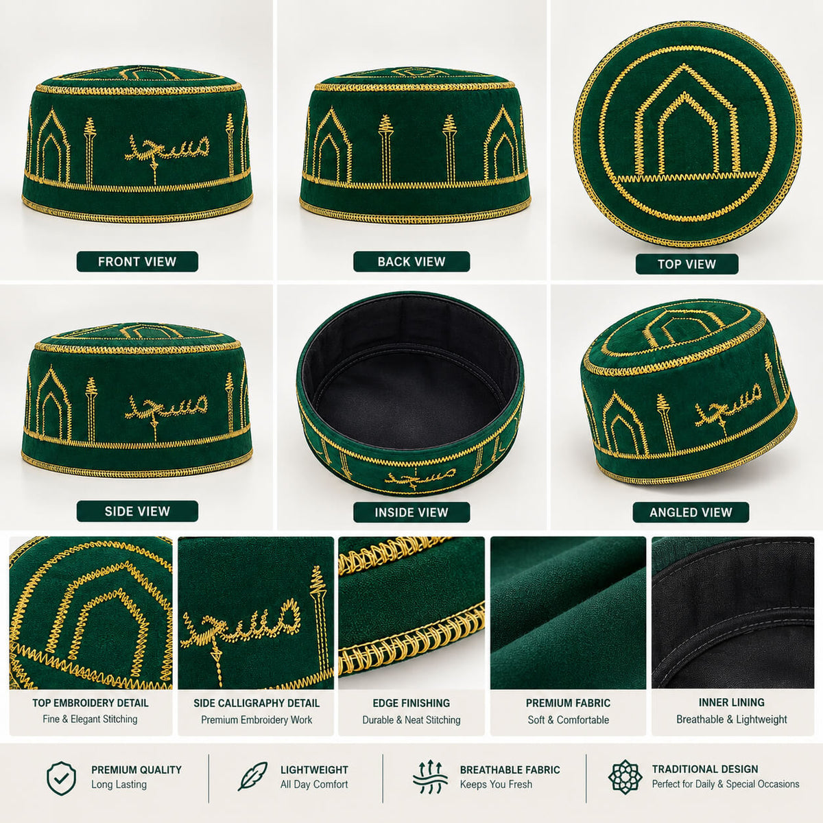 Emerald Green Islamic Embroidered Cap – Premium Gold Mosque Design