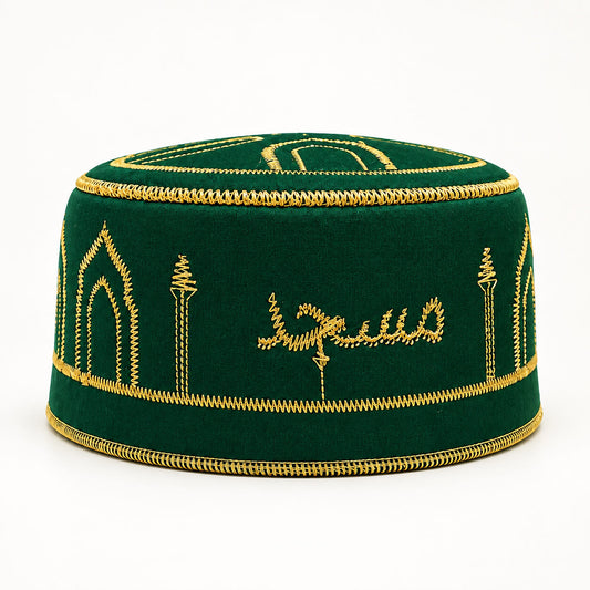 Emerald Green Islamic Embroidered Cap – Premium Gold Mosque Design